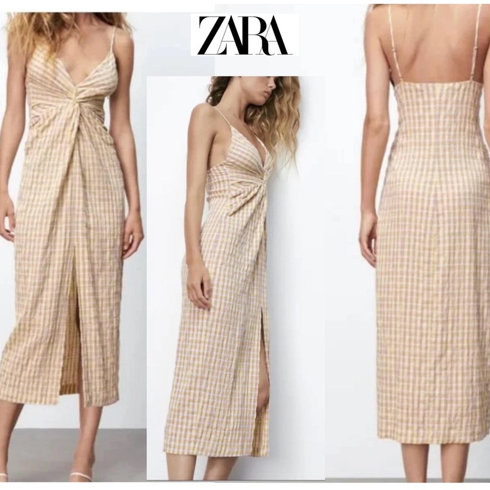 Zara yelllow gingham check plaid twist knot detail front slit midi dress size M